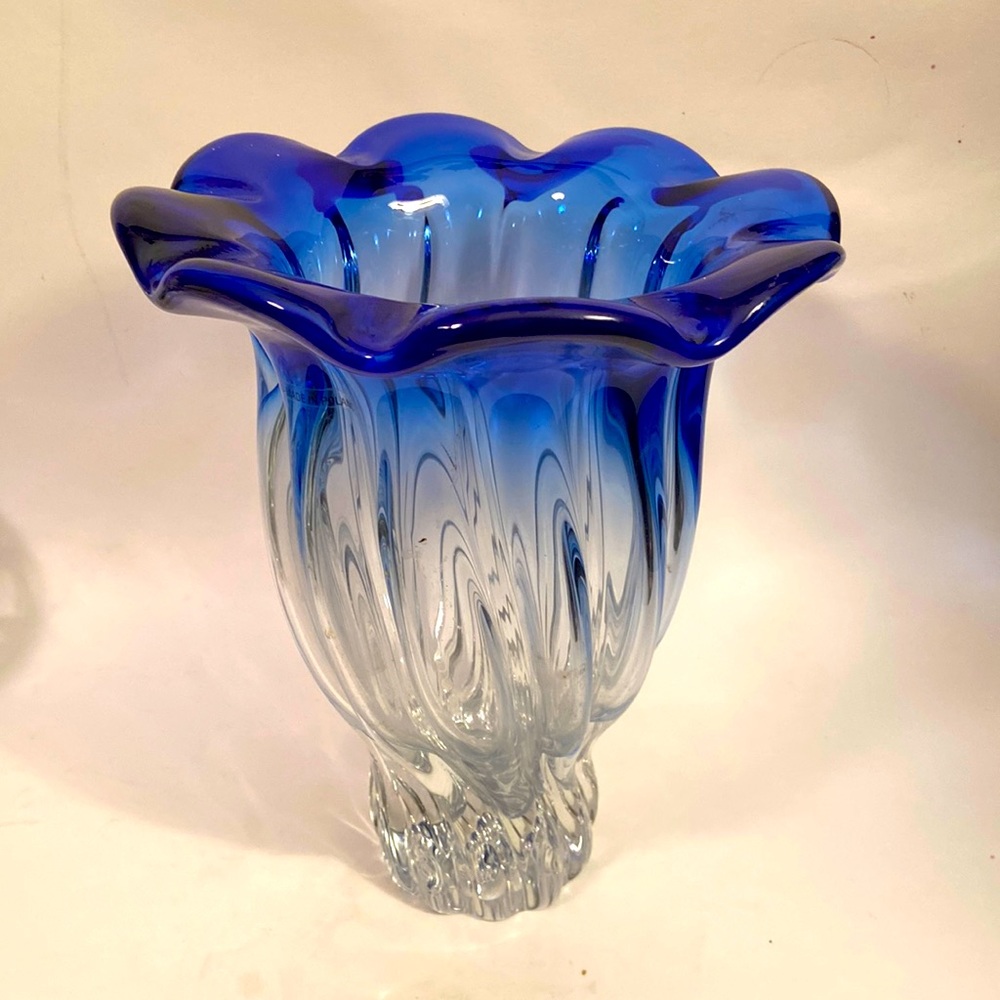 Handmade in Poland Clear Blue Petal Twisted Heavy Vase